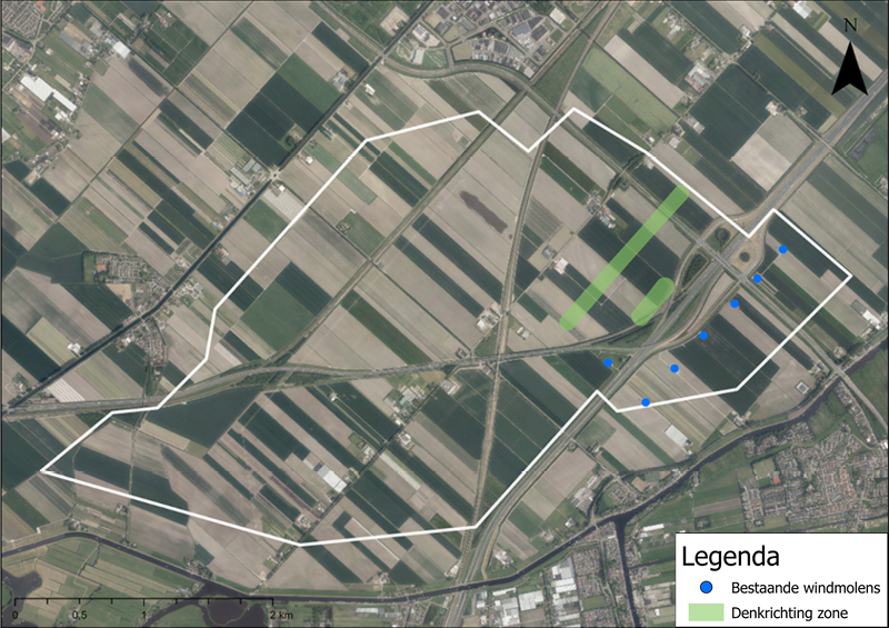 Kaart met denkrichting Landmark in Haarlemmermeer-Zuid met ook de bestaande windturbines