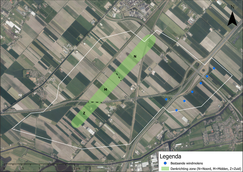 Kaart met denkrichting Midden in Haarlemmermeer-Zuid met ook de bestaande windturbines