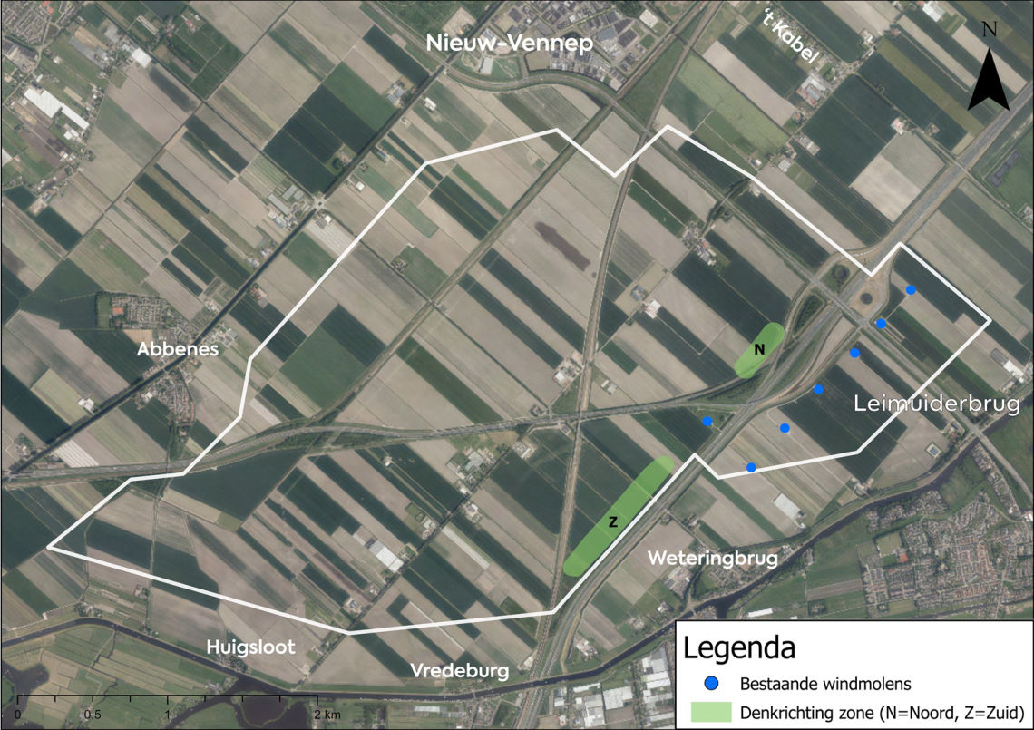 Kaart met denkrichting A4 in Haarlemmermeer-Zuid met ook de bestaande windturbines