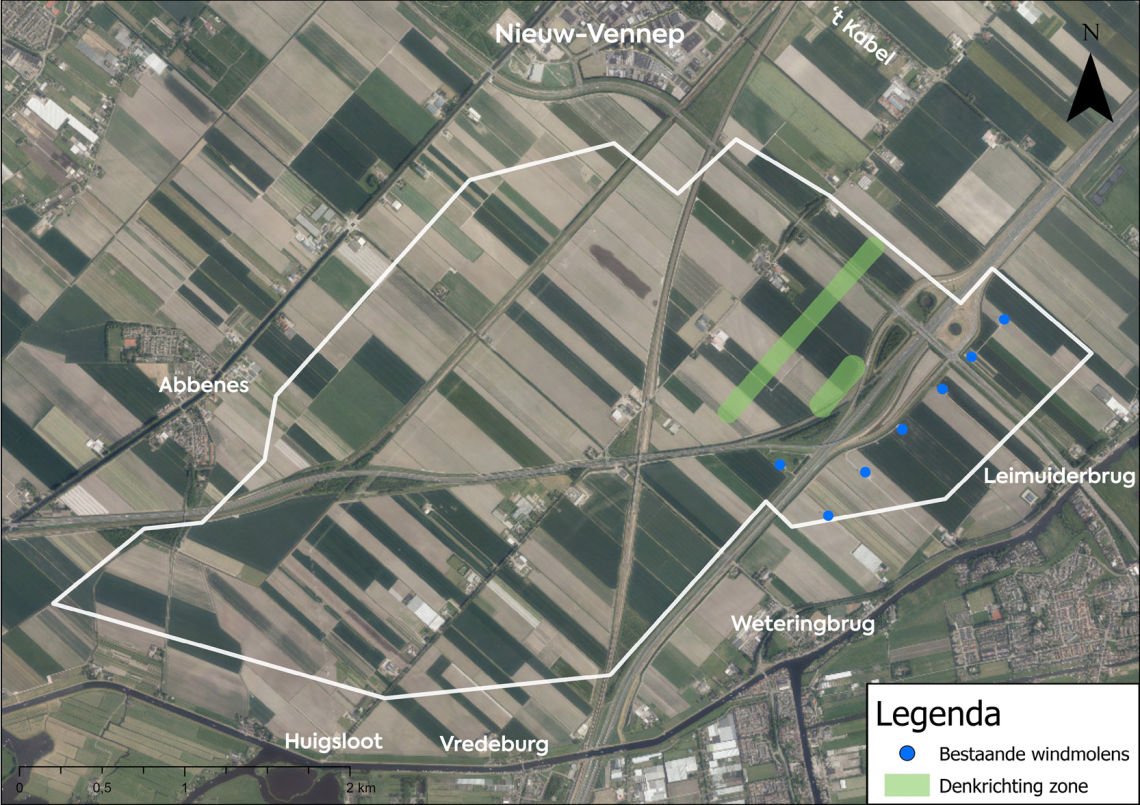 Kaart met denkrichting Landmark in Haarlemmermeer-Zuid met ook de bestaande windturbines